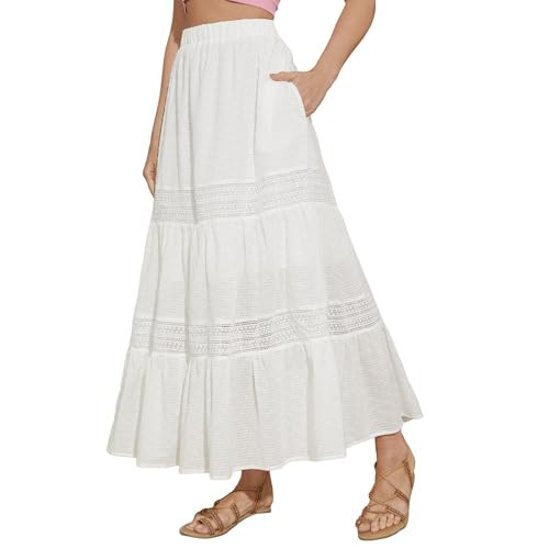 Womens Long Skirts 2026 Summer Boho Elastic High Waisted A-Line Lace Hollow Out Tiered Flowy Maxi Skirt with Pockets White | Amazon (US)