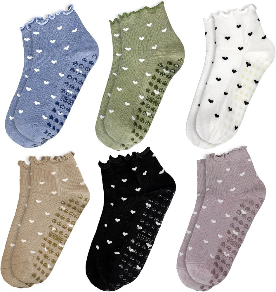 Cute Yoga Socks for Women, Non Slip Grip Pilates Barre Crew Socks with Heart Bow, US Size 5-9 | Amazon (US)