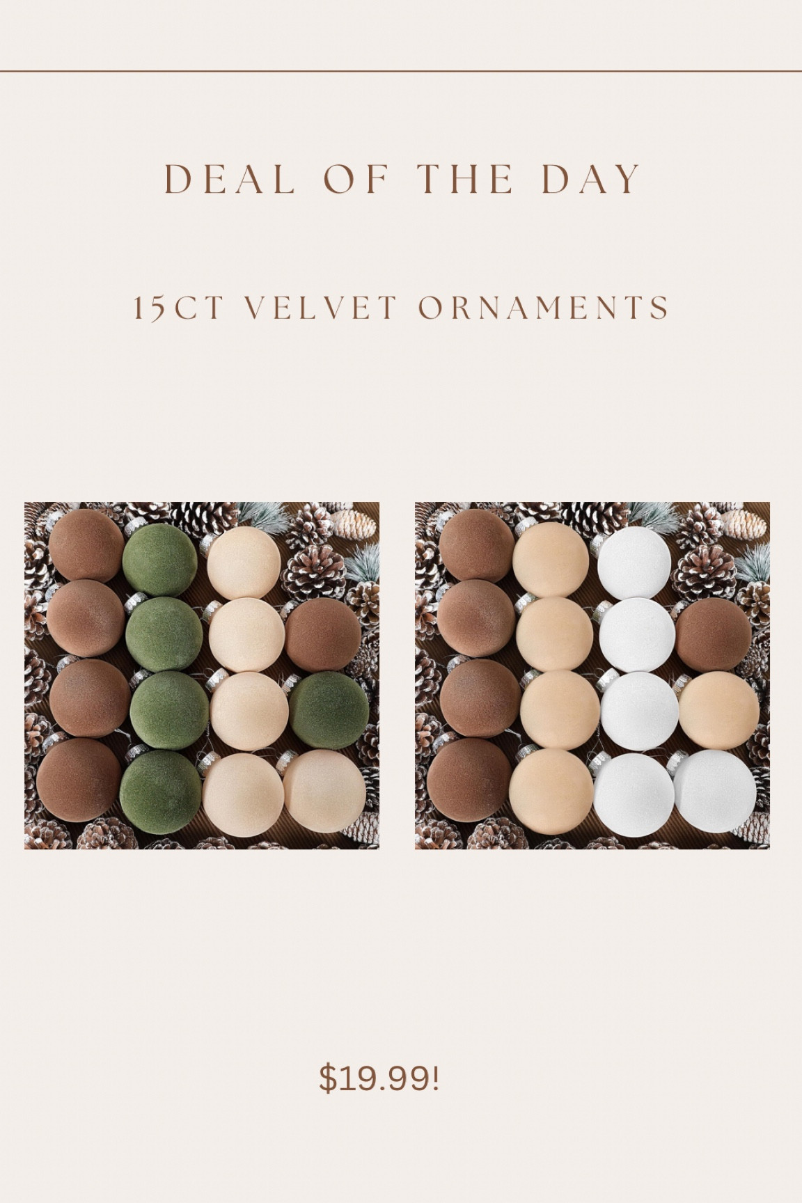 15ct velvet ornaments only $19.99!! Two different color options to choose from 