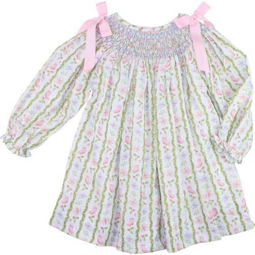 Pink And Blue Smocked Christmas Print Bow Dress | Cecil and Lou