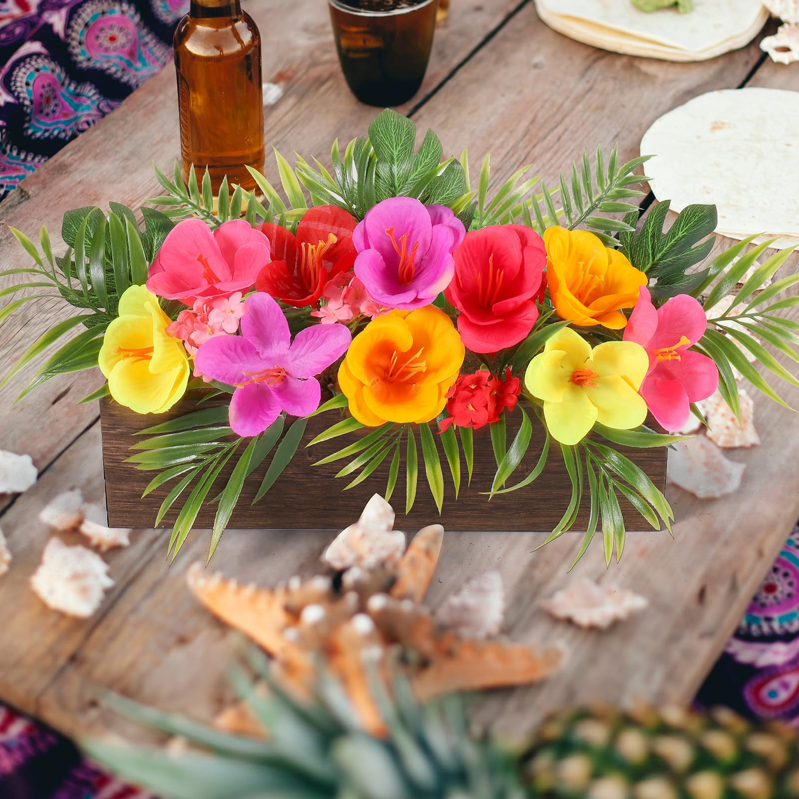 Dlerom Hawaiian Table Centerpieces Artificial Hibiscus Flowers Arrangements Wooden Crate, Wooden Planter with Tropical Palm Leaves for Summer Beach Tiered Tray Shelf Table Home Aloha Luau Party Decor | Amazon (US)