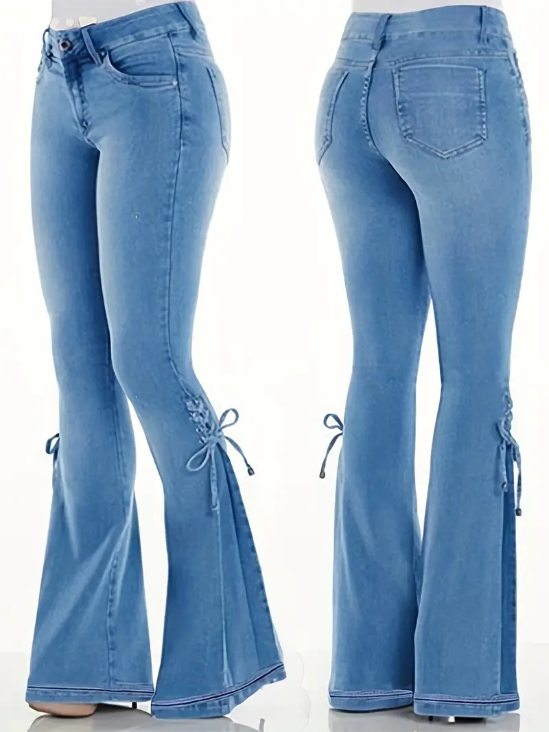 Lace Up Side Bell-Bottom Jeans, Stretchy Mid-Rise Boot Cut Flared Leg Jeans, Women's Denim Jeans,... | Temu Affiliate Program