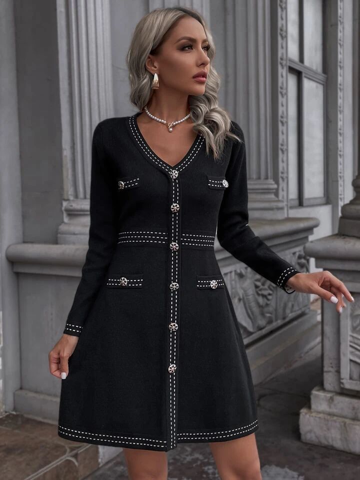 Knit Mix Button Front Whipstitch Detail Sweater Dress | SHEIN