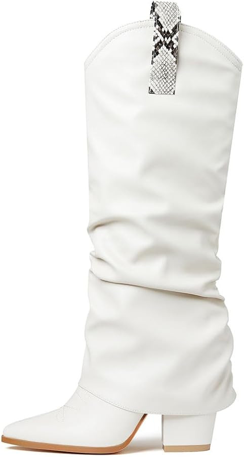 Knee High Boots for Women Fold over Cowboy Boots Pointed Toe Pull on Cowgirl Western Boots Stacke... | Amazon (US)