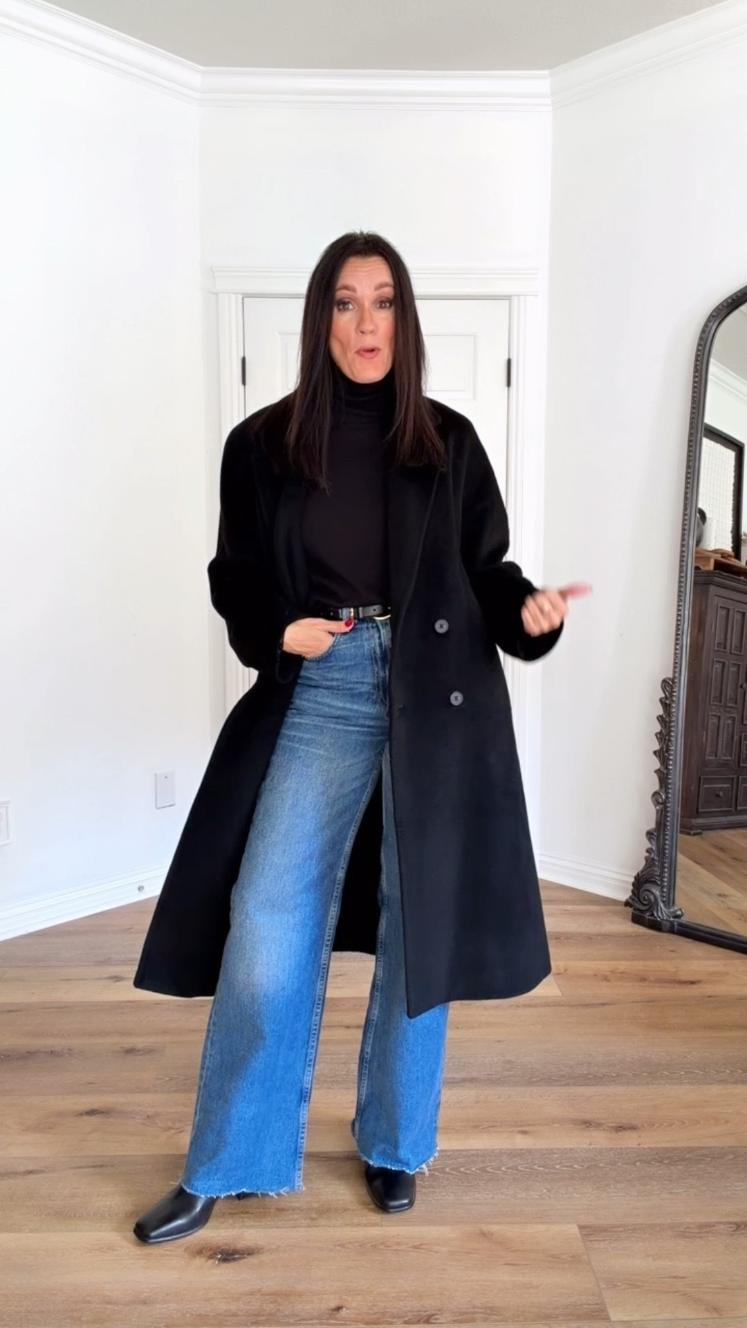 When I say “dress warm but cute”, this is what I mean.🖤

Sizing:
Black wool coat-Aritzia Babaton Slouch-size down. Oversized. 
Black turtleneck-H&M, linked both men and women’s. Wearing medium 
Jeans-Zara, sized up one
Black booties-Marc Fisher, linked options 

casual outfit | elevated casual | winter outfit 

#LTKOver40 #LTKFindsUnder100 #LTKgrwm