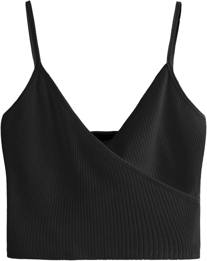 SheIn Women's Casual V Neck Ribbed Knit Overlap Front Crop Cami Top | Amazon (US)