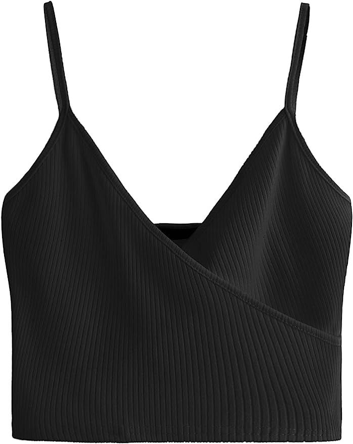 SheIn Women's Casual V Neck Ribbed Knit Overlap Front Crop Cami Top | Amazon (US)