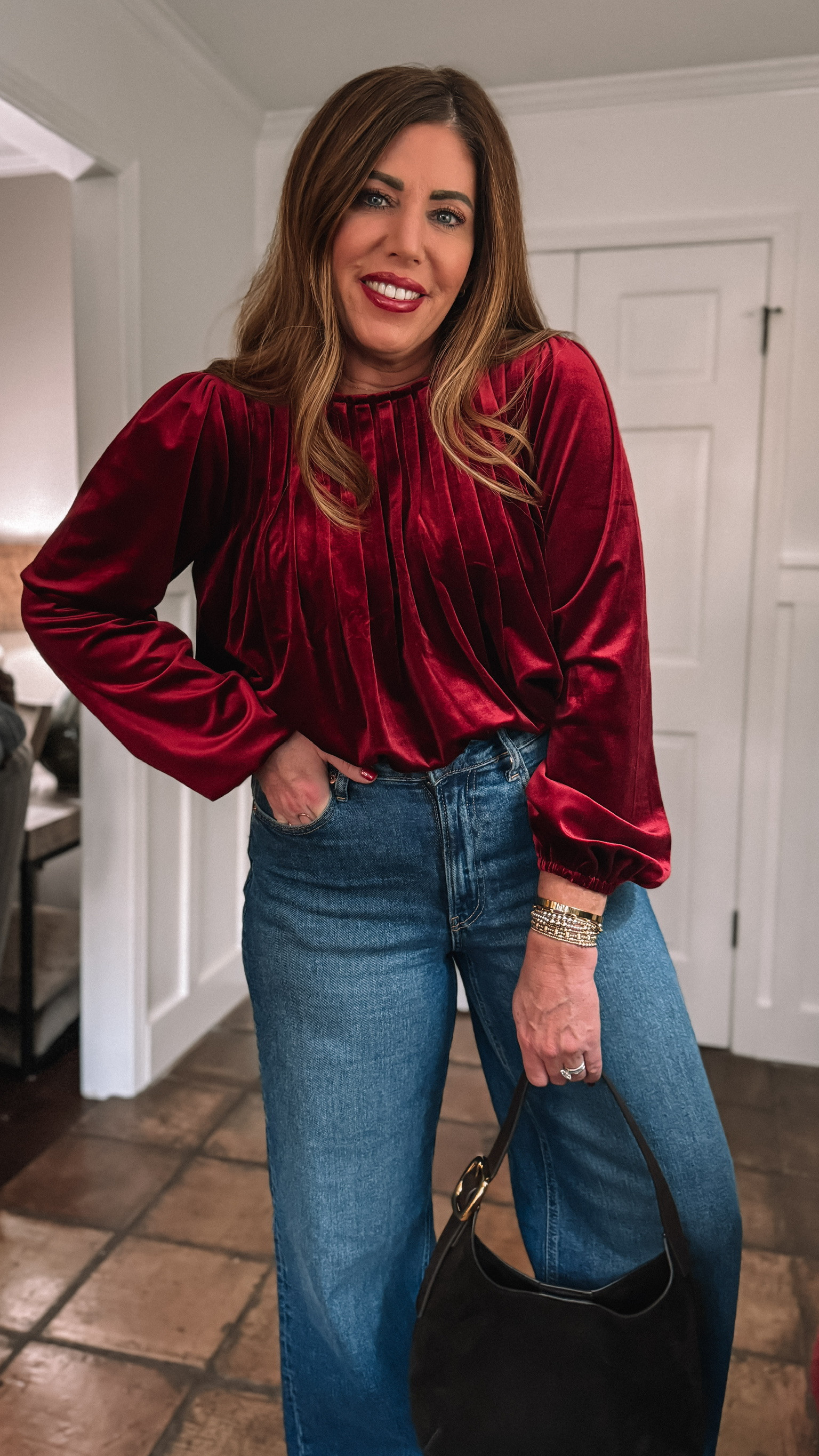 Anthro look for less top from Amazon. Perfect to wear for New Year’s, any party, going out, you can wear them to work, church & more! So easy to dress up a pair of jeans or pants! They come in this velvet & faux suede in a short sleeve and long sleeve option. Several colors available great quality and so pretty. #creatorfavorites2025 

 #LTKgrwm #LTKOver40 #LTKMidsize