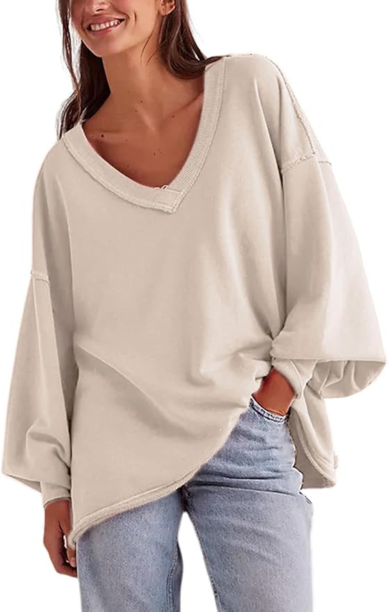 Ailoqing Womens Loose Casual Sweatshirts V-Neck Long Sleeve Pullover Top Fall Winter Outfits | Amazon (US)