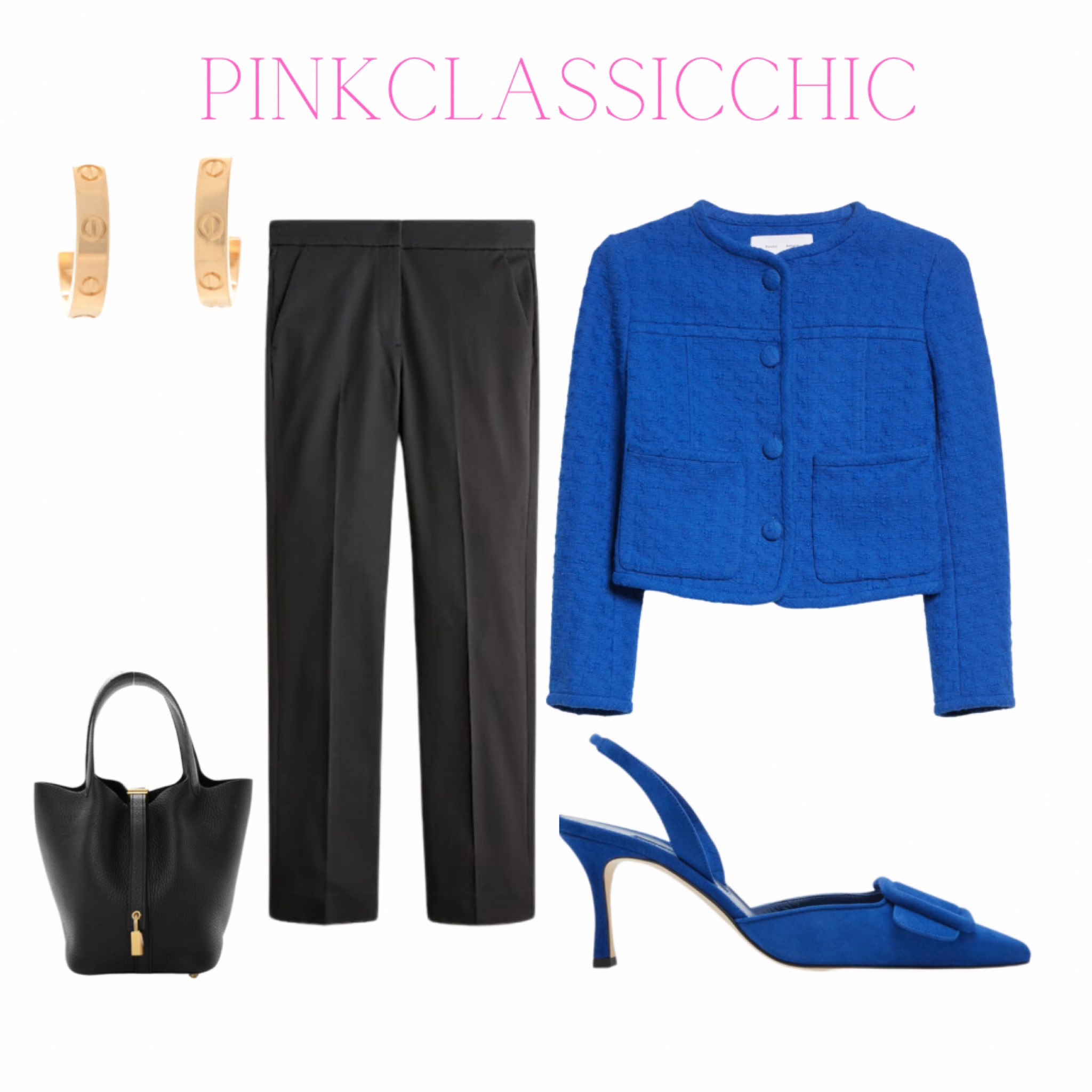 Work look. 293& outfit, tweed jacket, blue jacket, work outfit, Manolo blahnik heels, blue heels, black pants, work pants

#LTKstyletip #LTKunder100 #LTKworkwear