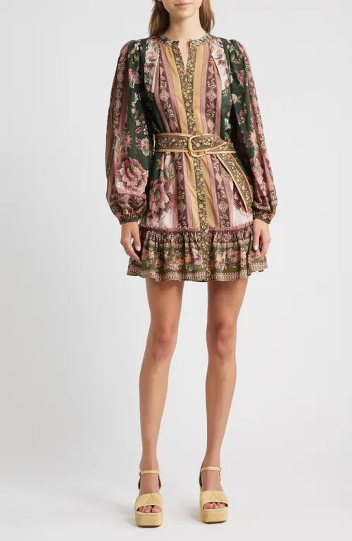 FARM Rio Flowering Garden Tree Long Sleeve Cotton Blend Minidress in Green at Nordstrom, Size Small | Nordstrom