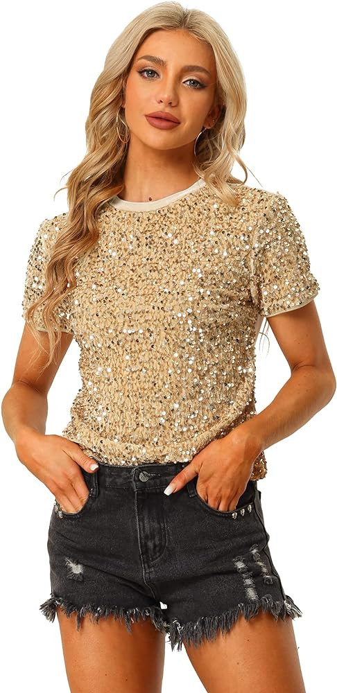 Allegra K Sequin Top for Women's Velvet Crew Neck Short Sleeve Party Clubwear Blouse | Amazon (US)