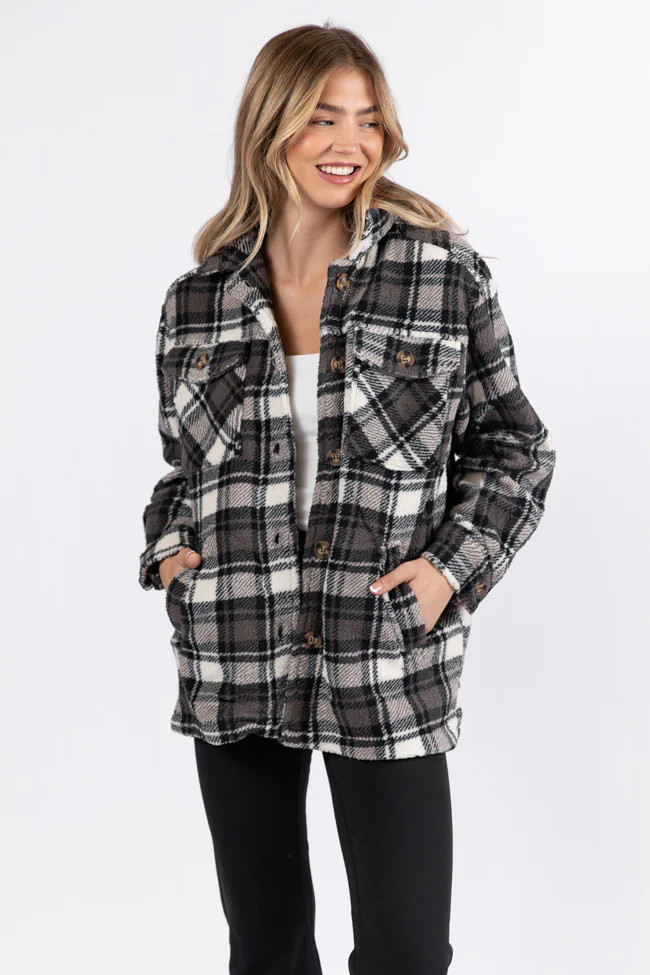 Through The Leaves Black Plaid Sherpa Shacket SALE | Pink Lily