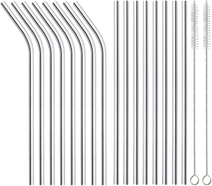 16 Pack of Reusable Stainless Steel Metal Straws, 8 Straight + 8 Bent 8.5 inch Metal Straws with ... | Amazon (US)