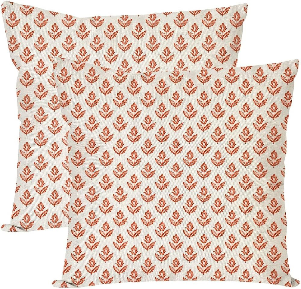Block Print Throw Pillow Covers 18x18 Inch Set of 2 Vintage Orange Floral Boho Outdoor Fall Winte... | Amazon (US)