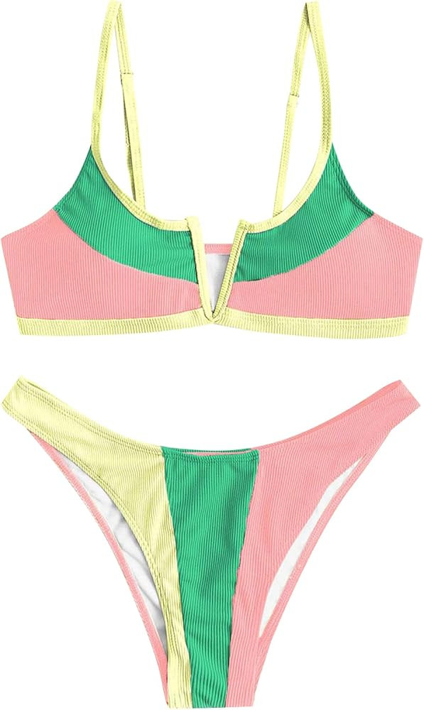 ZAFUL Women's V Wired Bikini Set Colorblock Ribbed Swimwear Sexy High Cut Cheeky Two Piece Swimsu... | Amazon (US)