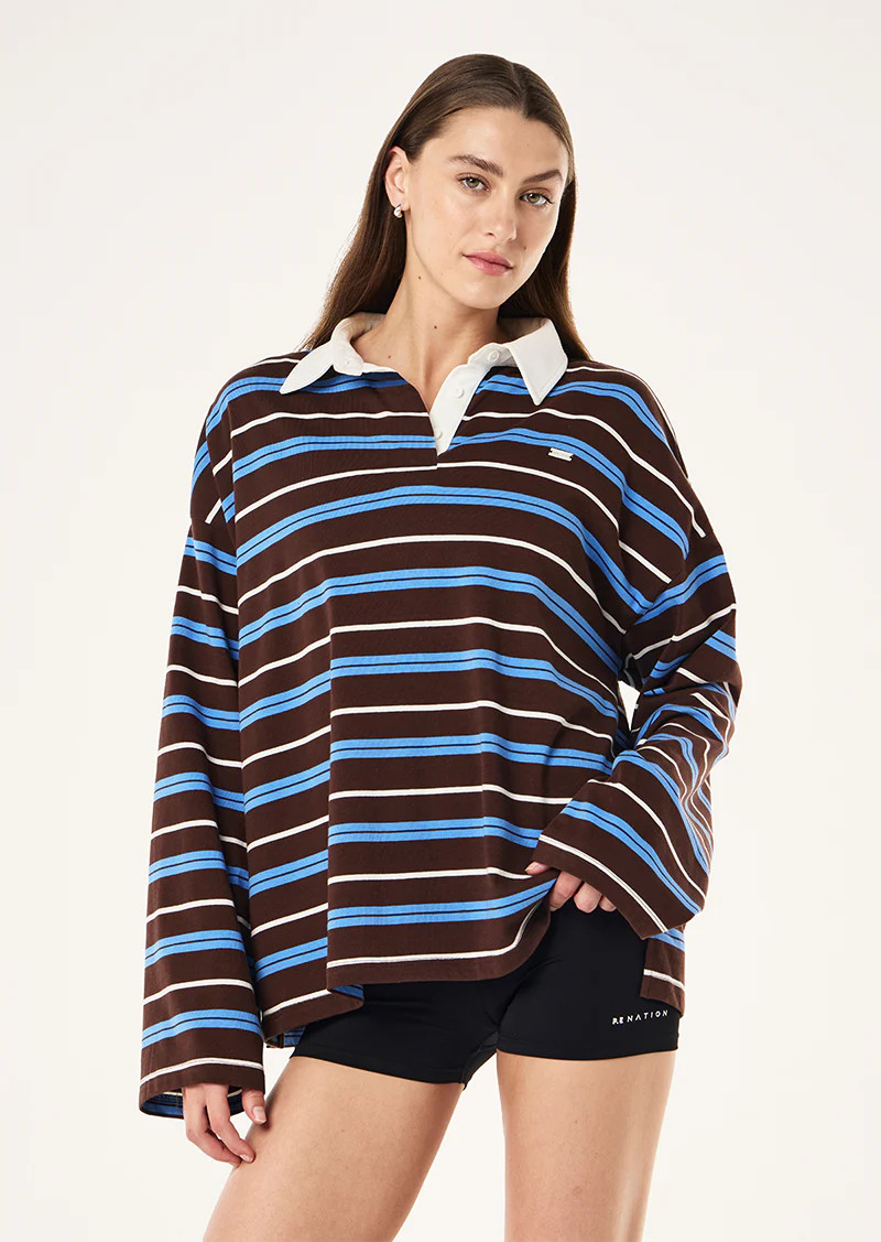 RUGBY LONG SLEEVE TEE IN ESPRESSO STRIPE | P.E Nation AU