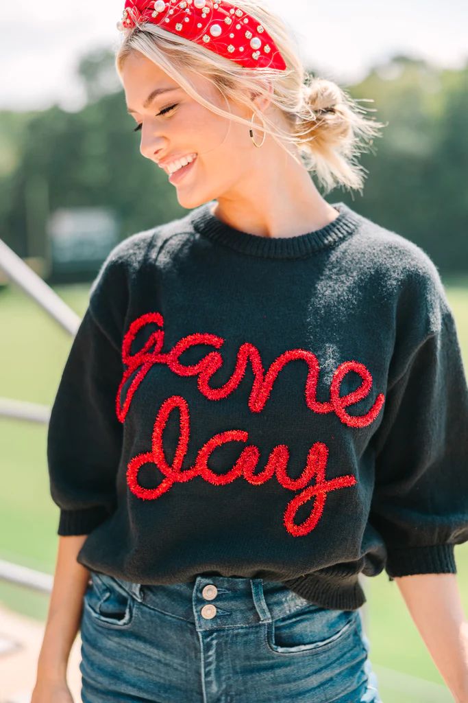 It's Game Day Black/Red Puff Sleeve Sweater | The Mint Julep Boutique
