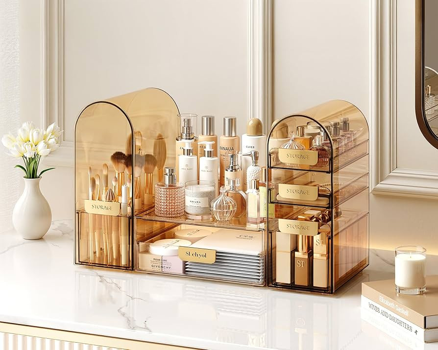 Makeup Organizer, Dual Arch Stackable 3-Piece Vanity Storage with Drawers & Brush Holder, Amber A... | Amazon (US)