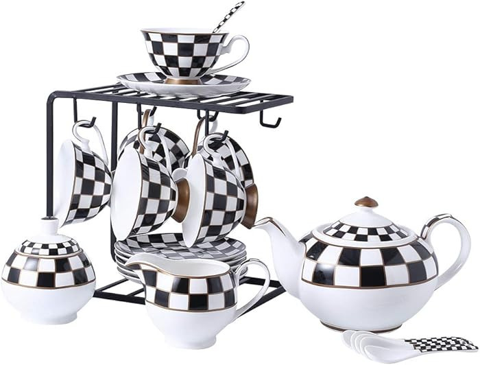 Porlien Checker Pattern 17-Piece Tea Set for 6 with Teapot, 5-ounce Teacups and Saucers, Milk Jug... | Amazon (US)