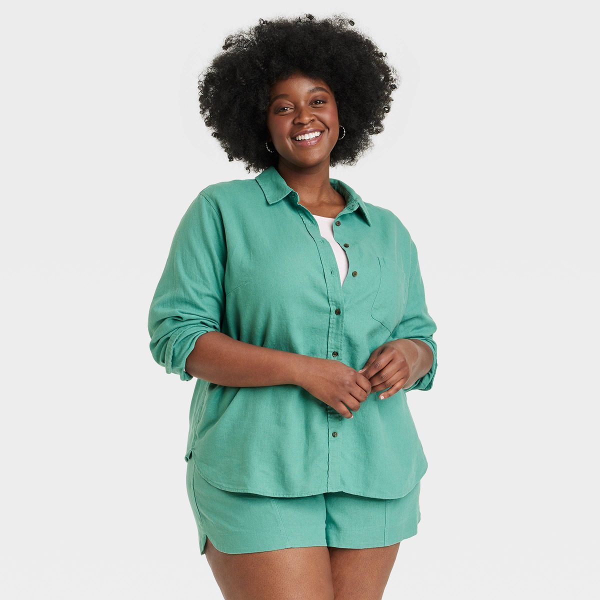 Women's Linen Long Sleeve Collared Button-Down Shirt - Universal Thread™ Green XXL | Target