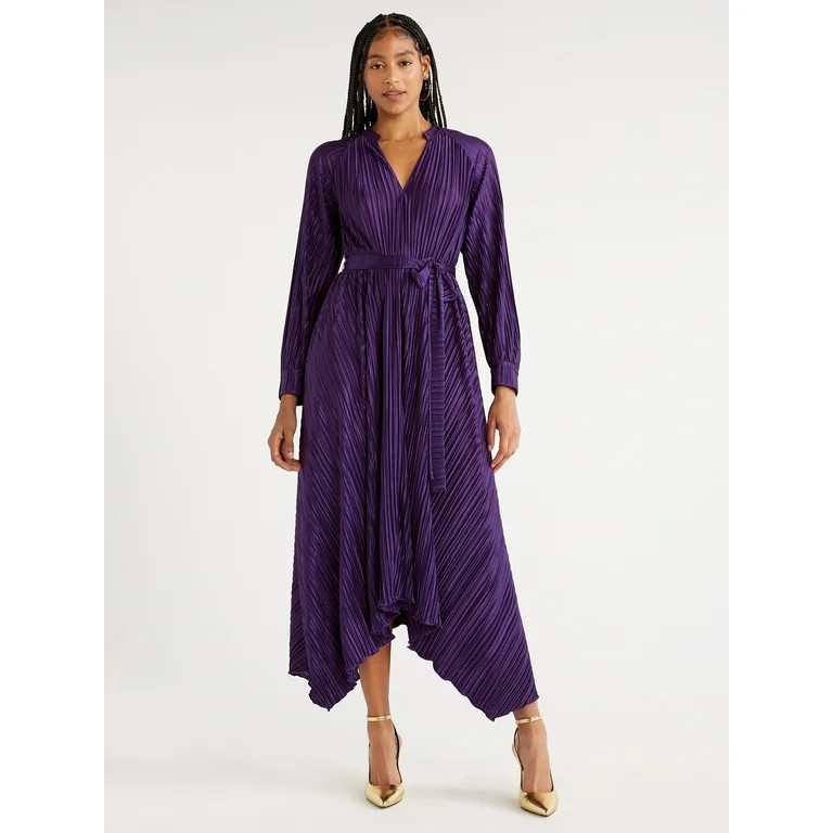 Scoop Women's Long Sleeve Plisse Midi Dress with Handkerchief Hem, Sizes XS-XXL | Walmart (US)