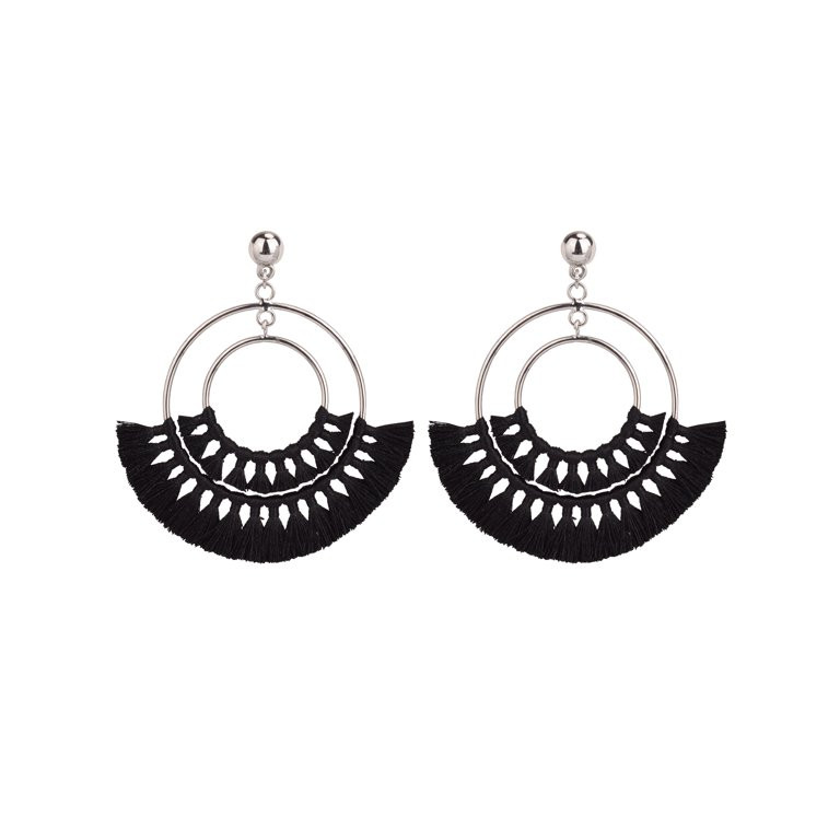 Time and Tru Women's Silver-Tone Black Fringe Thread Hoop Earring | Walmart (US)