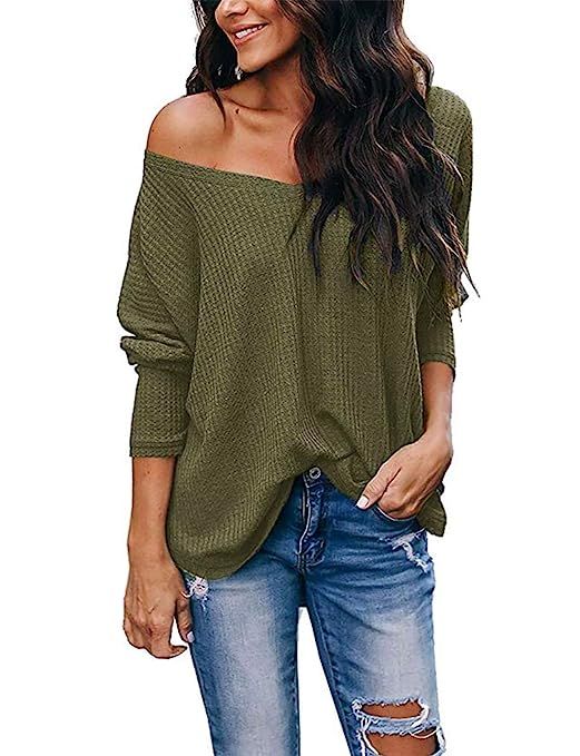 LuckyMore Women's Casual Off Shoulder Tops V Neck Waffle Knit Blouse Batwing Sleeve Loose Pullove... | Amazon (US)