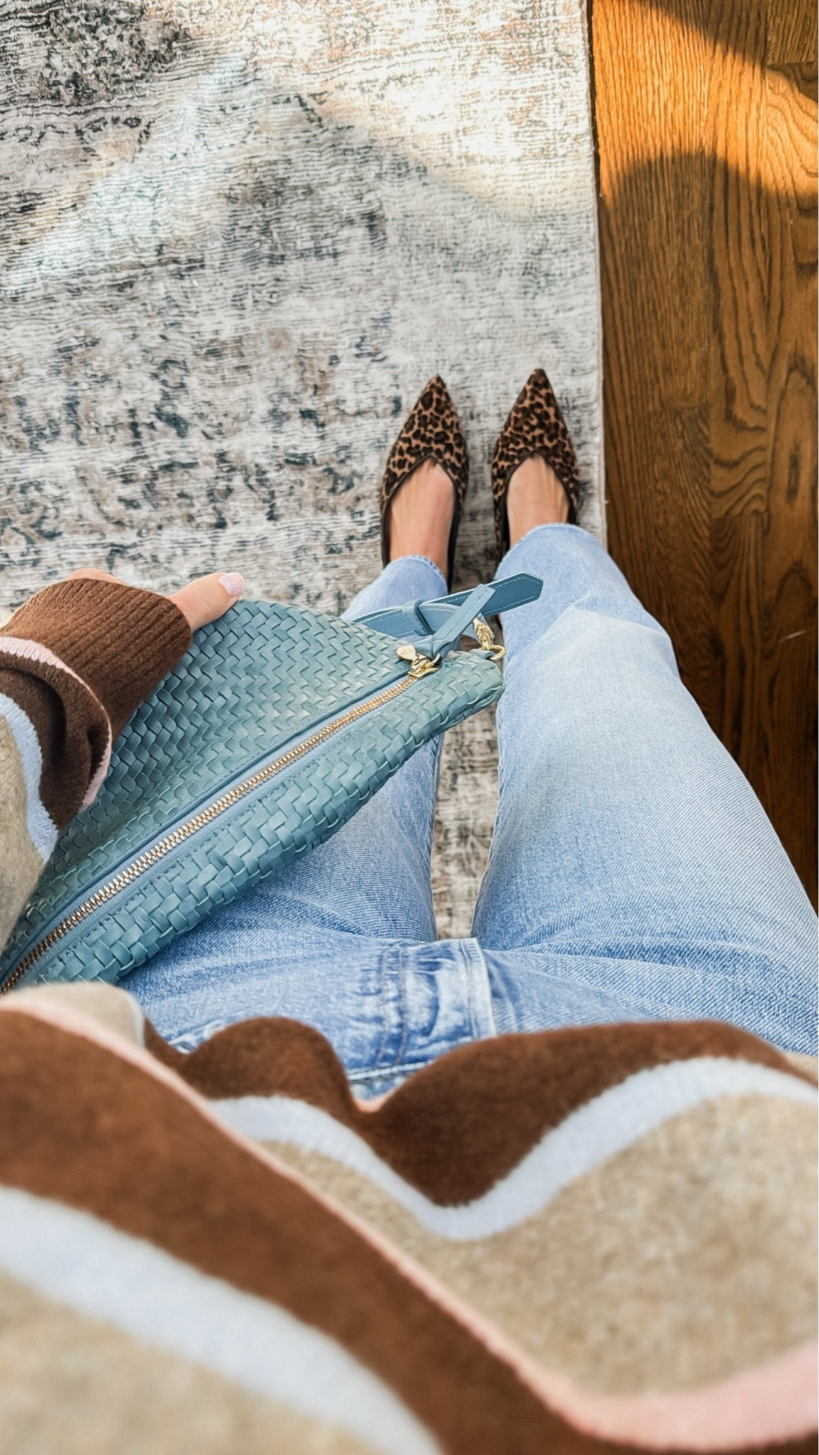 Crushing on this color mix. 
Light blue and shades of brown 
Jeans fit tts, regular length
XS sweater

#LTKmomlife #LTKSeasonal #LTKOver40