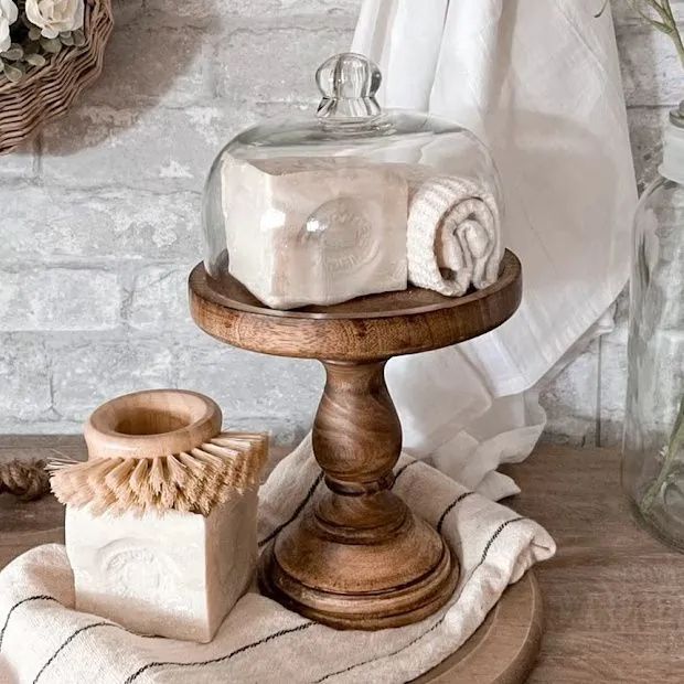 Wood Pedestal With Glass Cloche | Antique Farm House