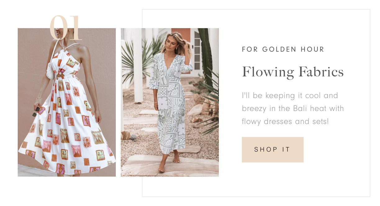 For golden hour: flowing fabrics

I'll be keeping it cool and breezy in the Bali heat with flowy dresses and sets! 

 #LTKSeasonal #LTKFindsUnder100 #LTKTravel