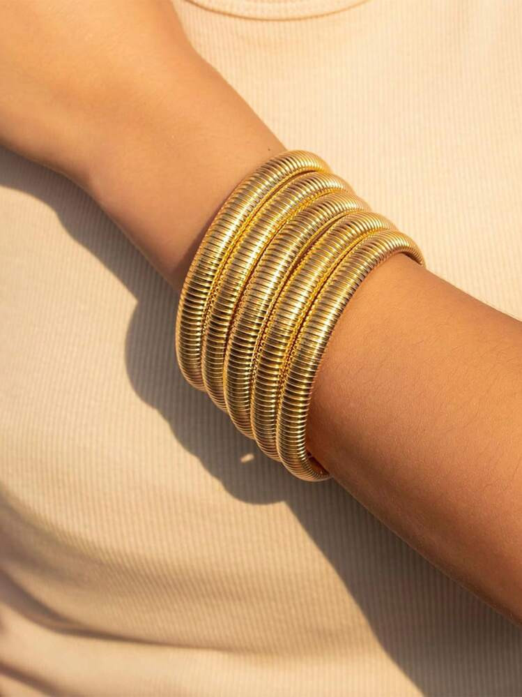 1-5pcs Bangle Multi-Layer Bracelets Set For Women Men,14K Gold-Plated Polished Chunky Twisted Spiraled Oval Bangle Bracelet Flexible Wide Wristband Bracelets For Women Girl | SHEIN