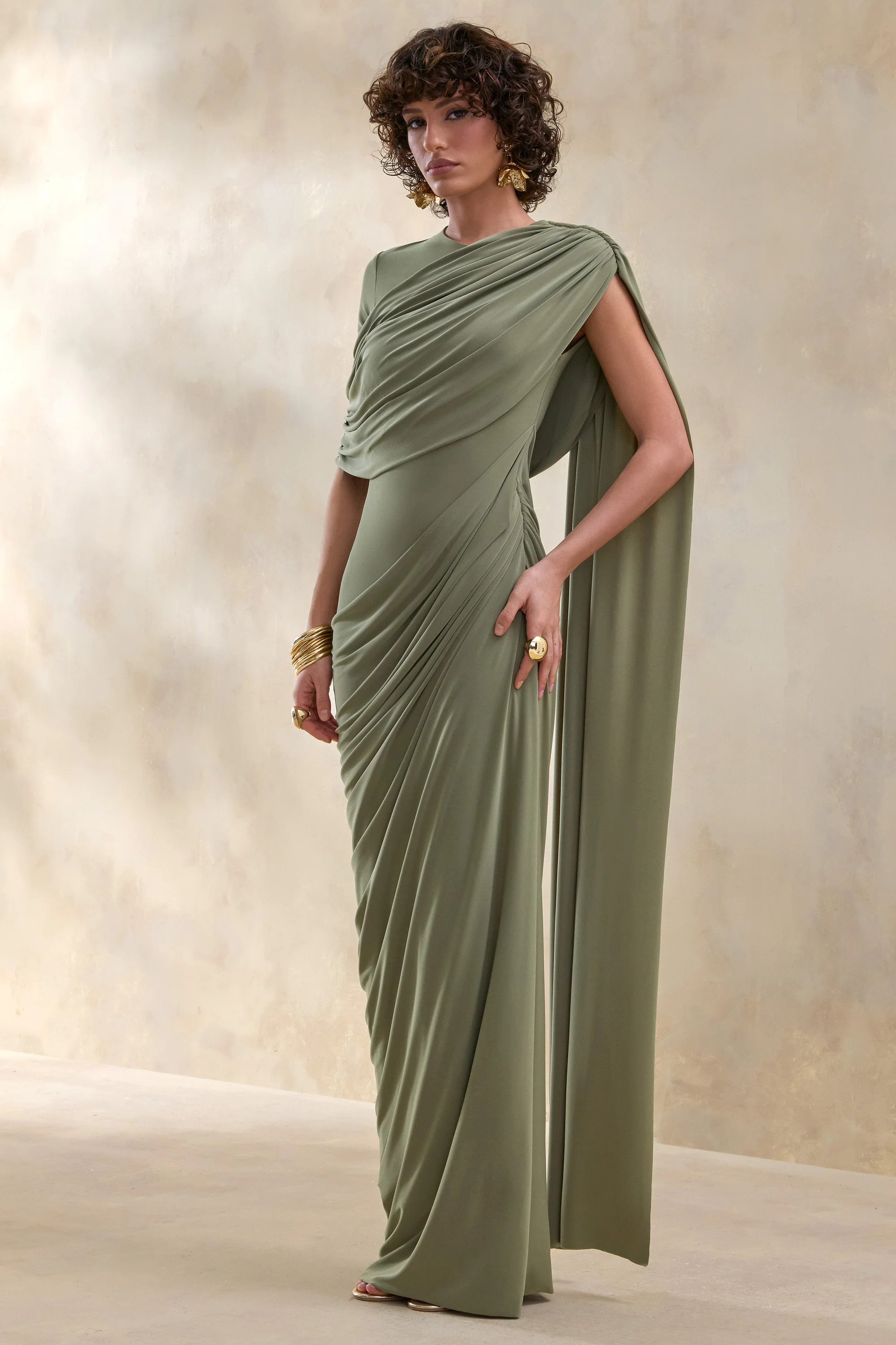 Gisara | Olive High-Neck Maxi Dress With Sash And Draped-Detailing | Club L London