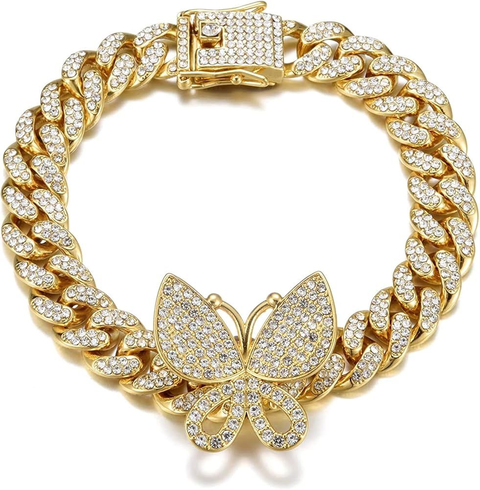 Huamingsh 12MM Butterfly Cuban Necklace Bracelet Miami Cuban Link Chains Women Diamond Choker Pro... | Amazon (US)