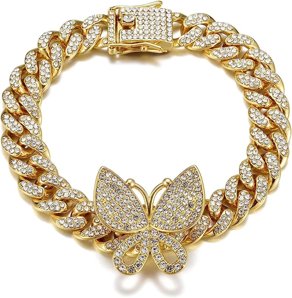 Huamingsh 12MM Butterfly Cuban Necklace Bracelet Miami Cuban Link Chains Women Diamond Choker Pro... | Amazon (US)