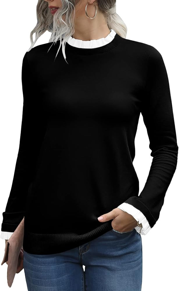 ANRABESS Women’s Long Sleeve Mock Neck Ruffle Contrast Slim Fit Casual Solid Knit Pullover Sweater T | Amazon (US)