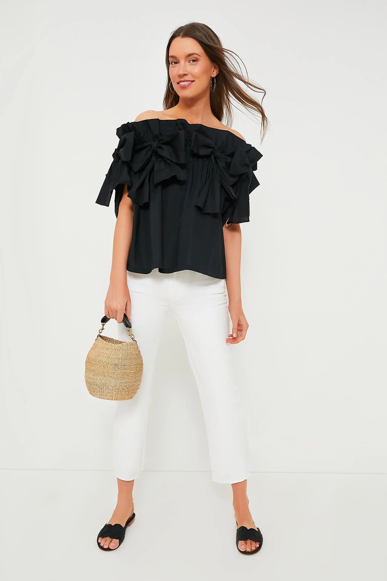 Black Bows Off the Shoulder Linden Blouse | Tuckernuck (US)