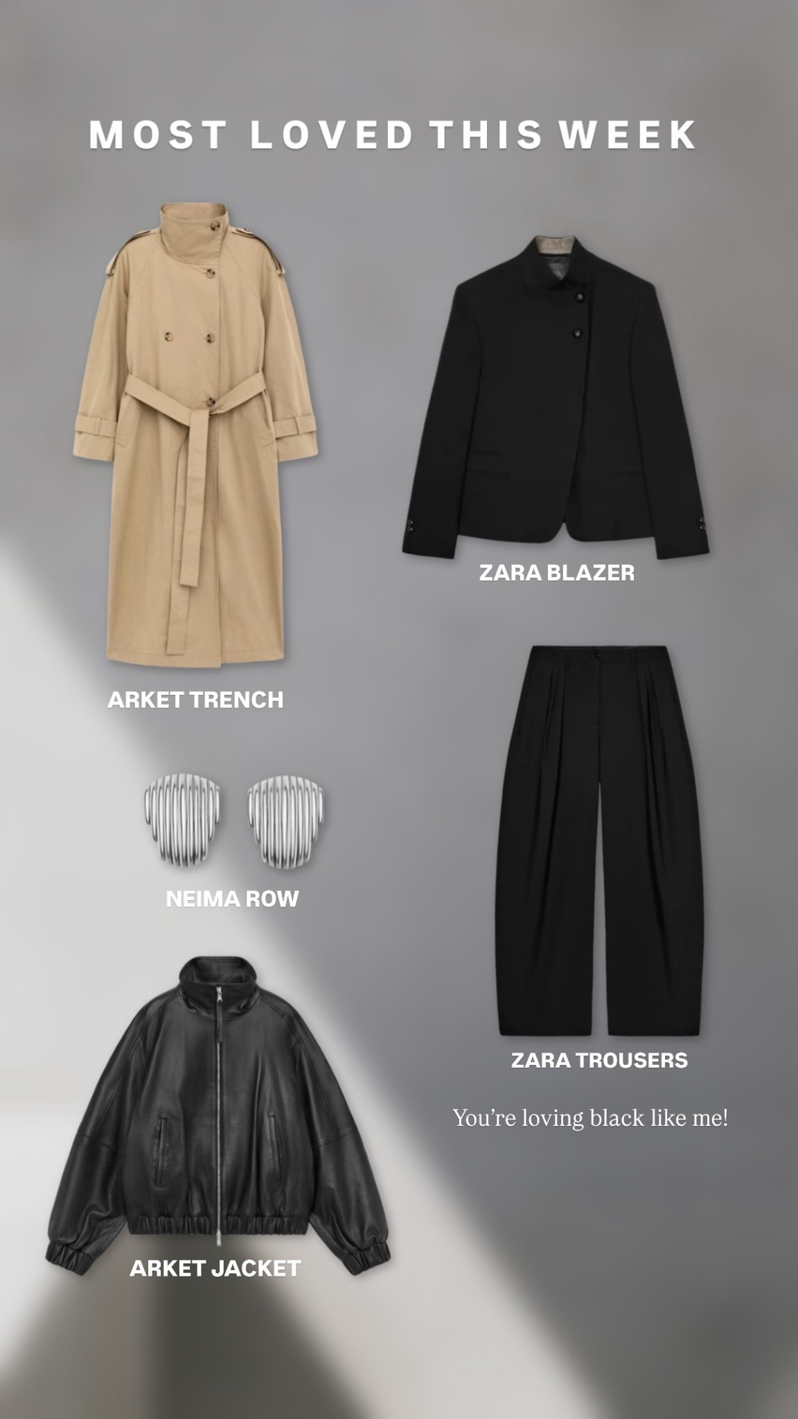 Most loved this week. Top 5 from the high street:

Arket trench coat
Zara funnel neck blazer
Neima row silver earrings 
Zara barrel leg trousers
Arket leather bomber jacket 



#LTKspring #LTKeurope #LTKuk