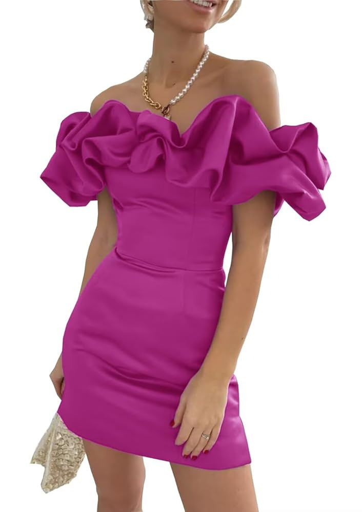 Ruffles Off Shoulder Homecoming Dresses for Teens 2025 Short Satin Pleated Cocktail Prom Party Go... | Amazon (US)