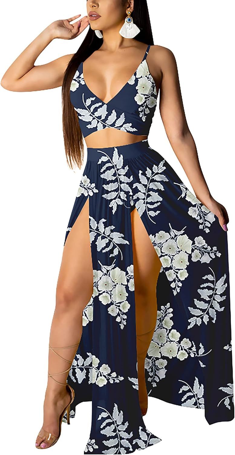 Amazon.com: Skirt Sets Women 2 Piece Outfits Summer Sexy Chiffon Print Ddeep V Nneck Bra Crop Tops H | Amazon (US)