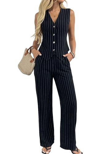 Women's 2 Piece Outfits Linen Vest Waistcoat Dressy Casual Sets Wide Leg Pants Suits | Amazon (US)