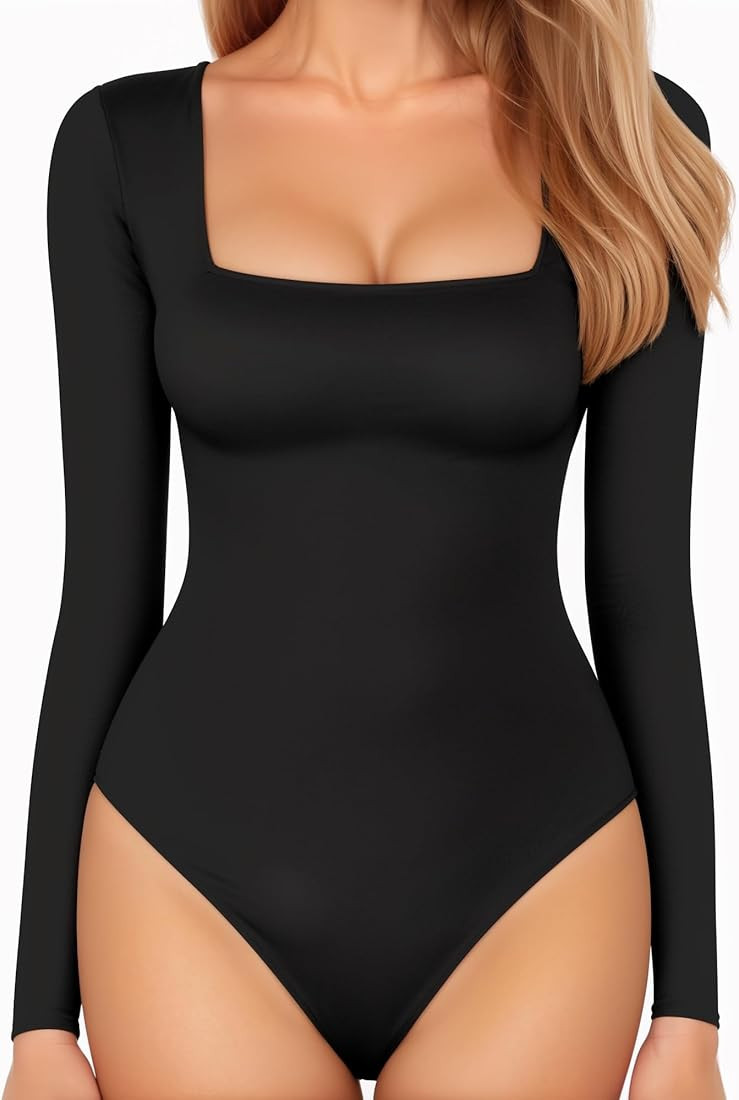MANGOPOP Women's Square Neck Long Sleeve Bodysuit Slim Fitted Tops | Amazon (US)