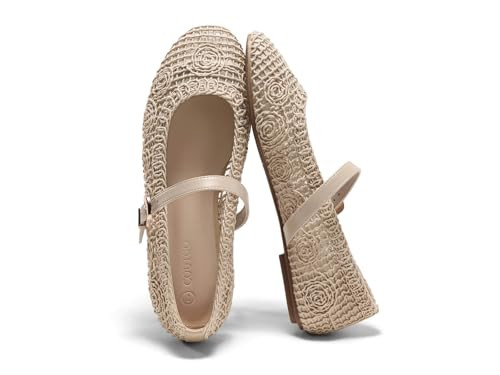 Coutgo Womens Mary Jane Woven Flats Round Toe Ballet Flats Dressy Comfortable Slip On Shoes | Amazon (US)