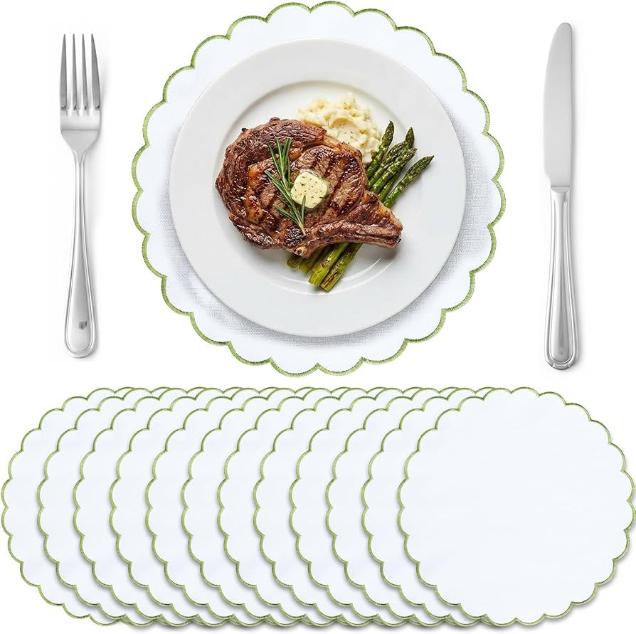 Set of 12 White Cotton Placemats 15 Inch Round Scalloped Embroidery Placemats Washable Double Lay... | Amazon (US)