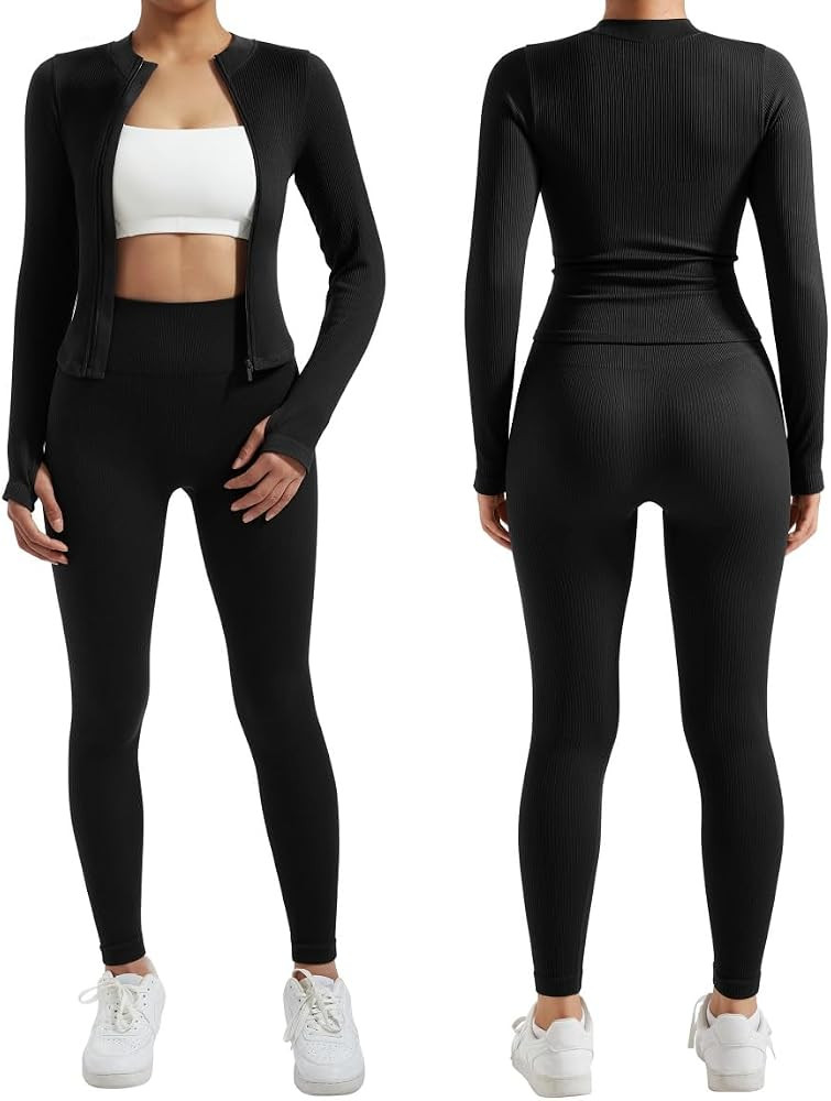 RXRXCOCO Ribbed Workout Sets for Women 2 Piece Zip Up Cropped Workout Jackets Seamless Leggings M... | Amazon (US)