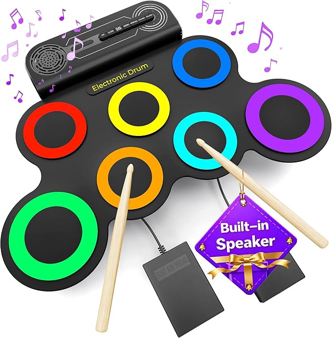 Electric Drum Set Built-in Speaker, Kids Drum Pad and Sticks, Portable Roll Up Drums Practice Pad... | Amazon (US)