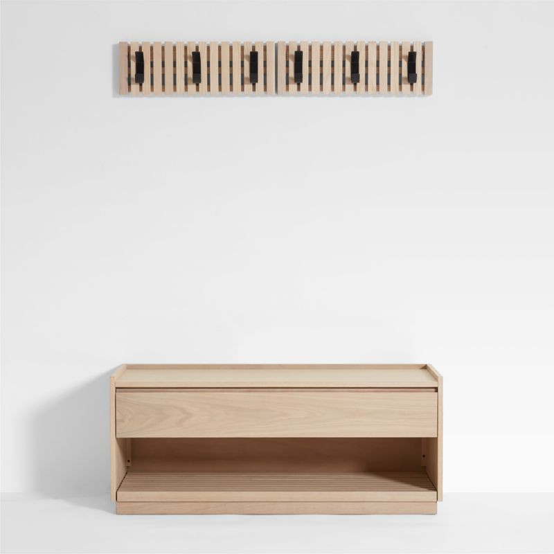 Batten White Oak Storage Bench and 2 Three-Hook Coat Racks | Crate & Barrel | Crate & Barrel