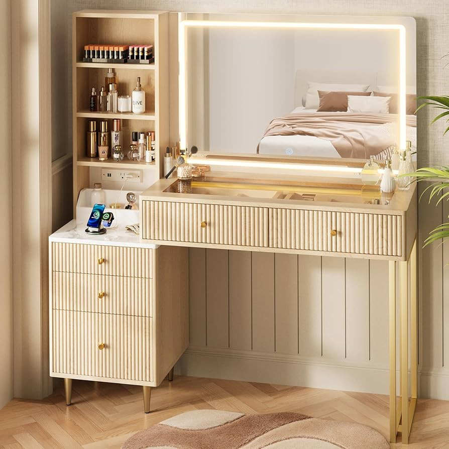 44\u201d Fluted Vanity Desk with 32\u201d Lighted Mirror & Power Outlet, Makeup Vanity with Glass... | Amazon (US)