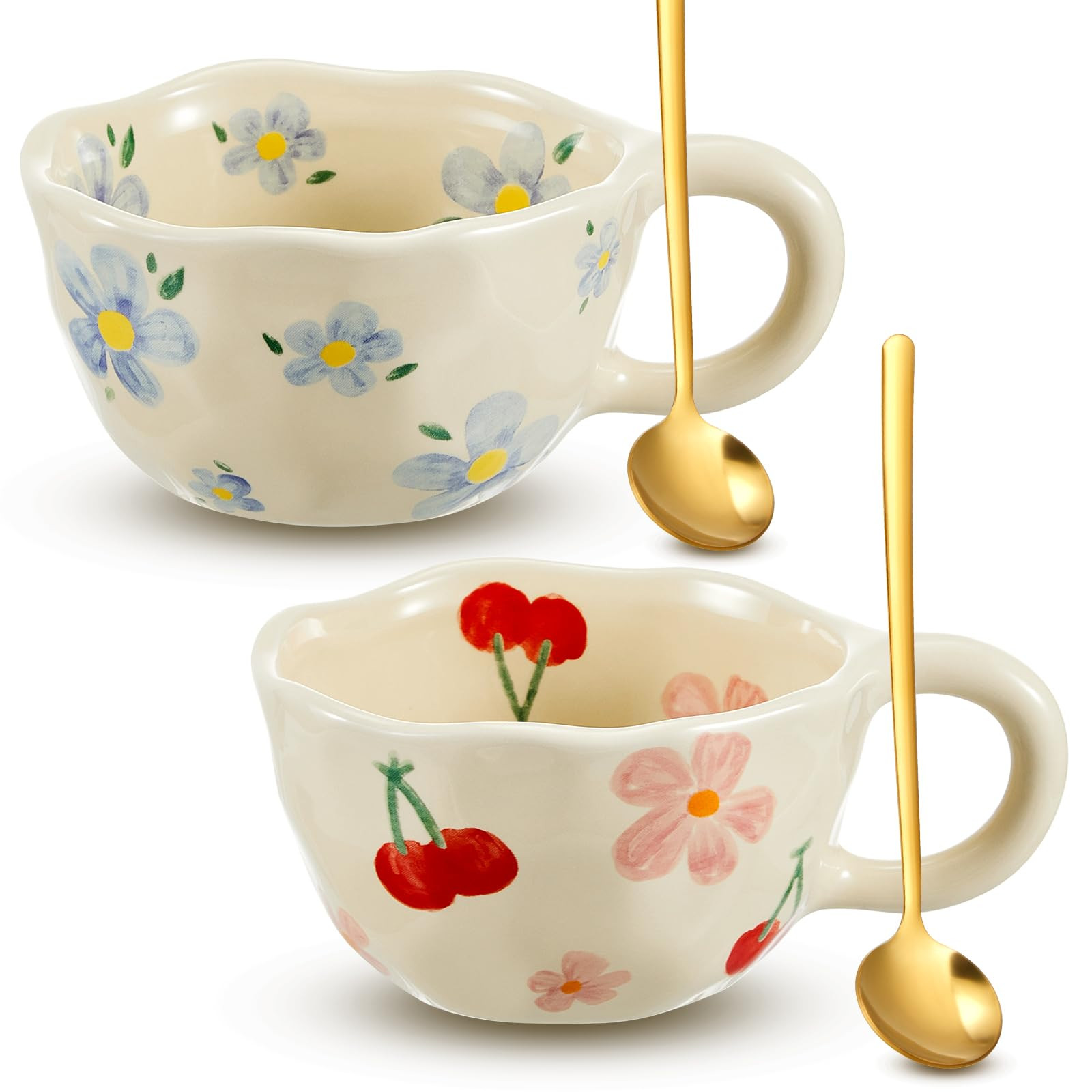 Vesici 2 Pcs Ceramic Coffee Mugs Flower Cups with Spoon Vintage Floral Mugs with Handle 8.5 oz Ae... | Amazon (US)