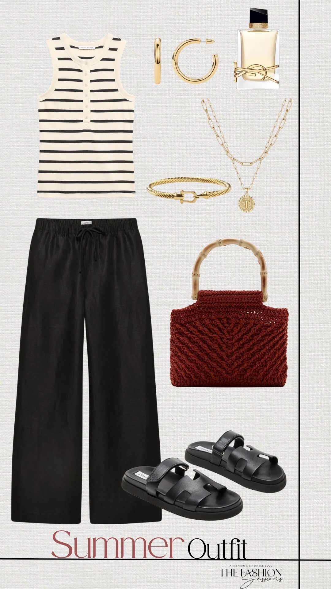 Summer Outfit | Striped Tank | Black Pants | Red Woven Bag | Black Sandals | YSL Perfume | Gold Jewelry

#LTKSeasonal #LTKootd